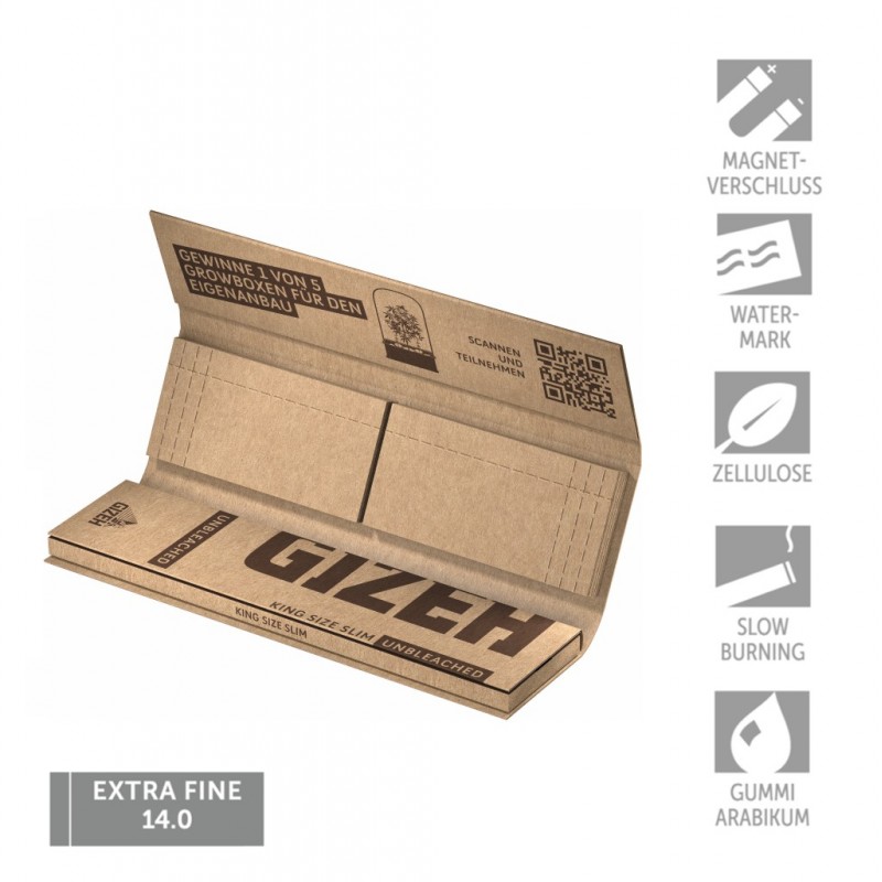 Vyniojamas popierius "GIZEH Unbleached KS Slim" 34' lapeliai/filtrai